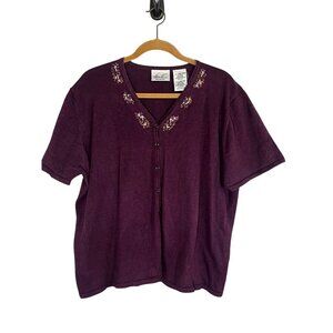 Retro Colorful Floral Embroidery Knit Cardigan 18W Boho Cottage Country Feminine